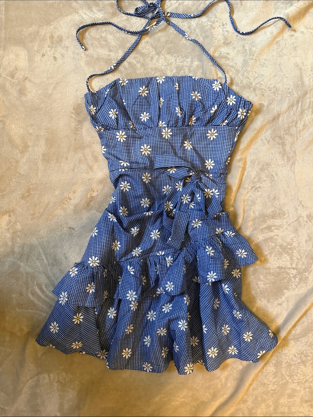 H&M Blue Daisy Gingham Halter Mini Dress with Ruffle Skirt